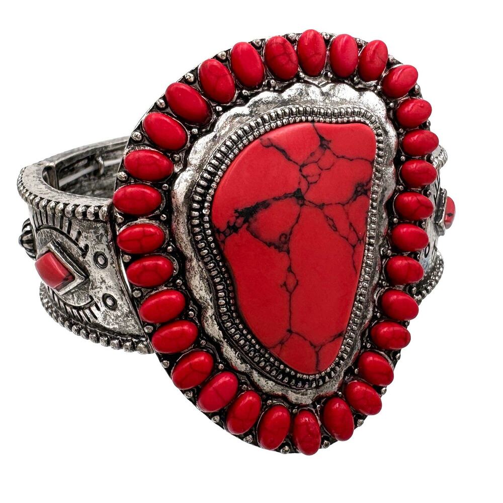 Red Howlite Stone Silver Bracelet | Bold Western Statement Bracelet